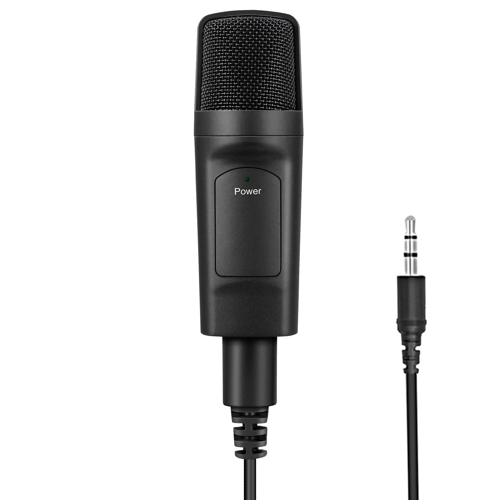 Black USB condenser microphone on desktop with omnidirectional pickup and noise reduction for live recording