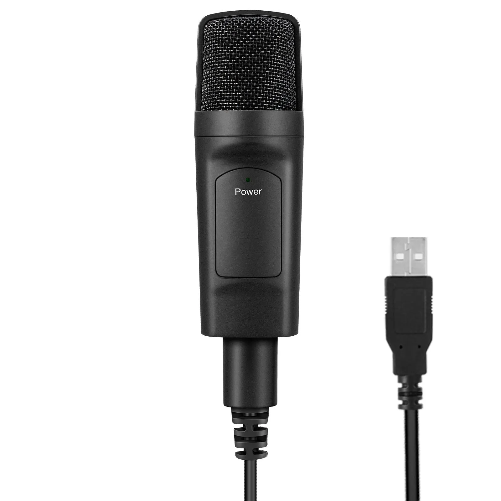 Black USB condenser microphone on desktop with omnidirectional pickup and noise reduction for live recording