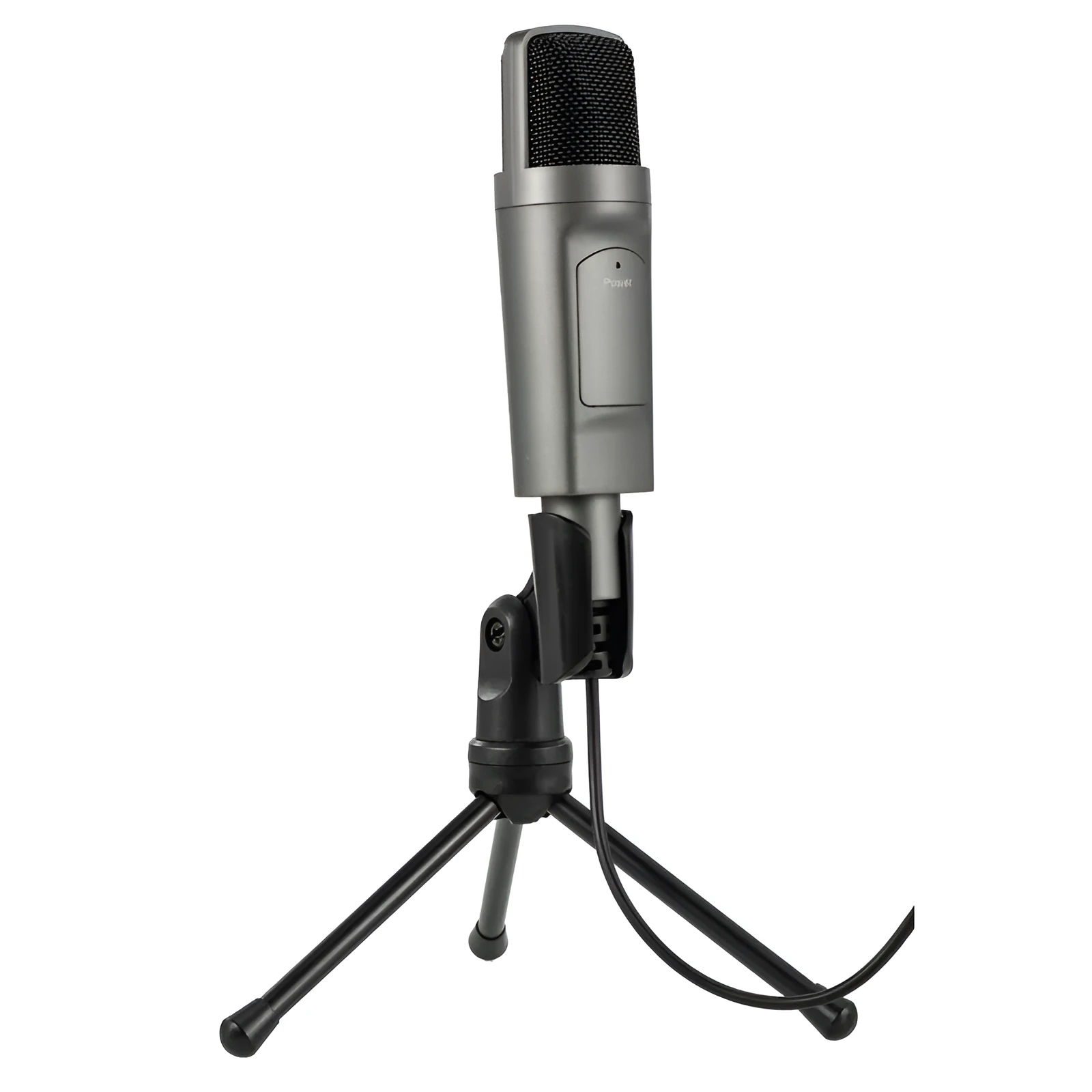 Black USB condenser microphone on desktop with omnidirectional pickup and noise reduction for live recording
