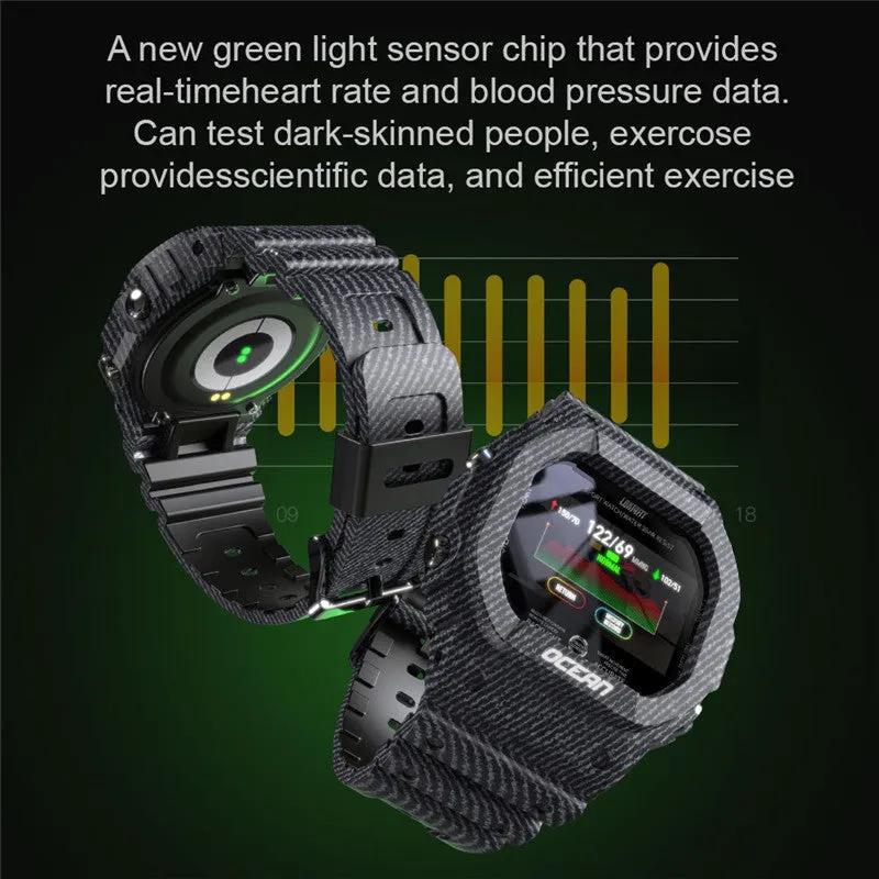 Waterproof smart watch with heart rate monitor, dual optical chip, TPU strap, and 240x240 HD screen in Army Green