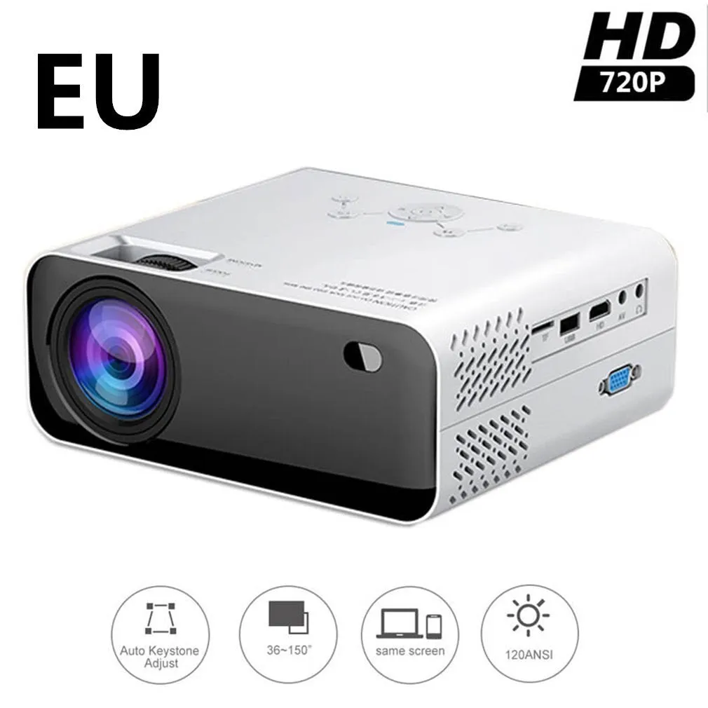 White LCD home office projector with manual focus and keystone correction on a desk