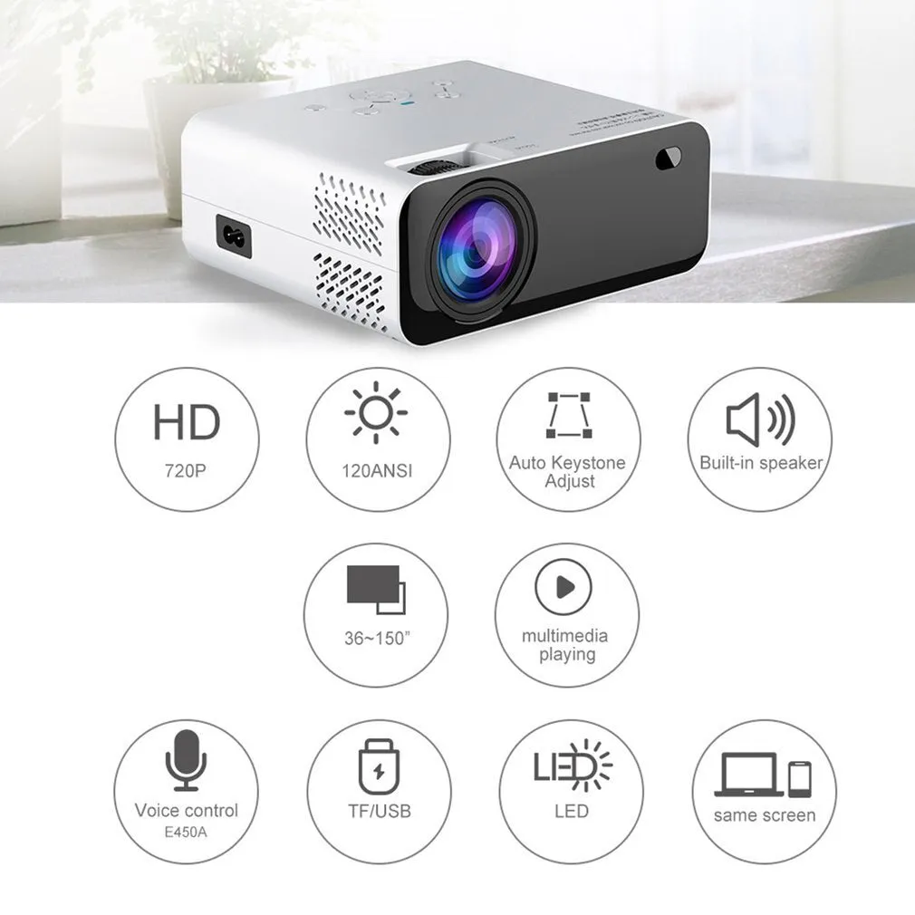 White LCD home office projector with manual focus and keystone correction on a desk