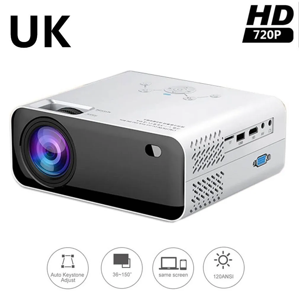 White LCD home office projector with manual focus and keystone correction on a desk