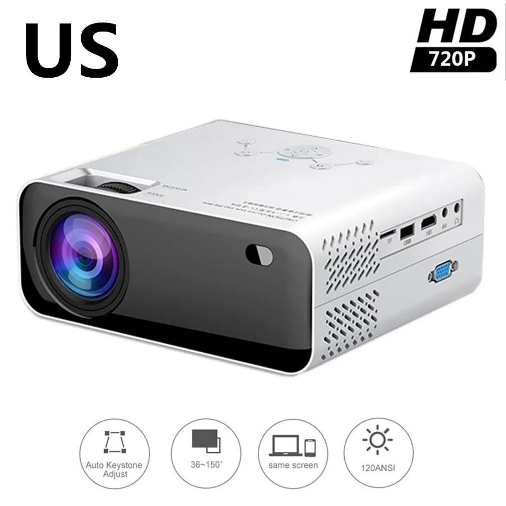 White LCD home office projector with manual focus and keystone correction on a desk