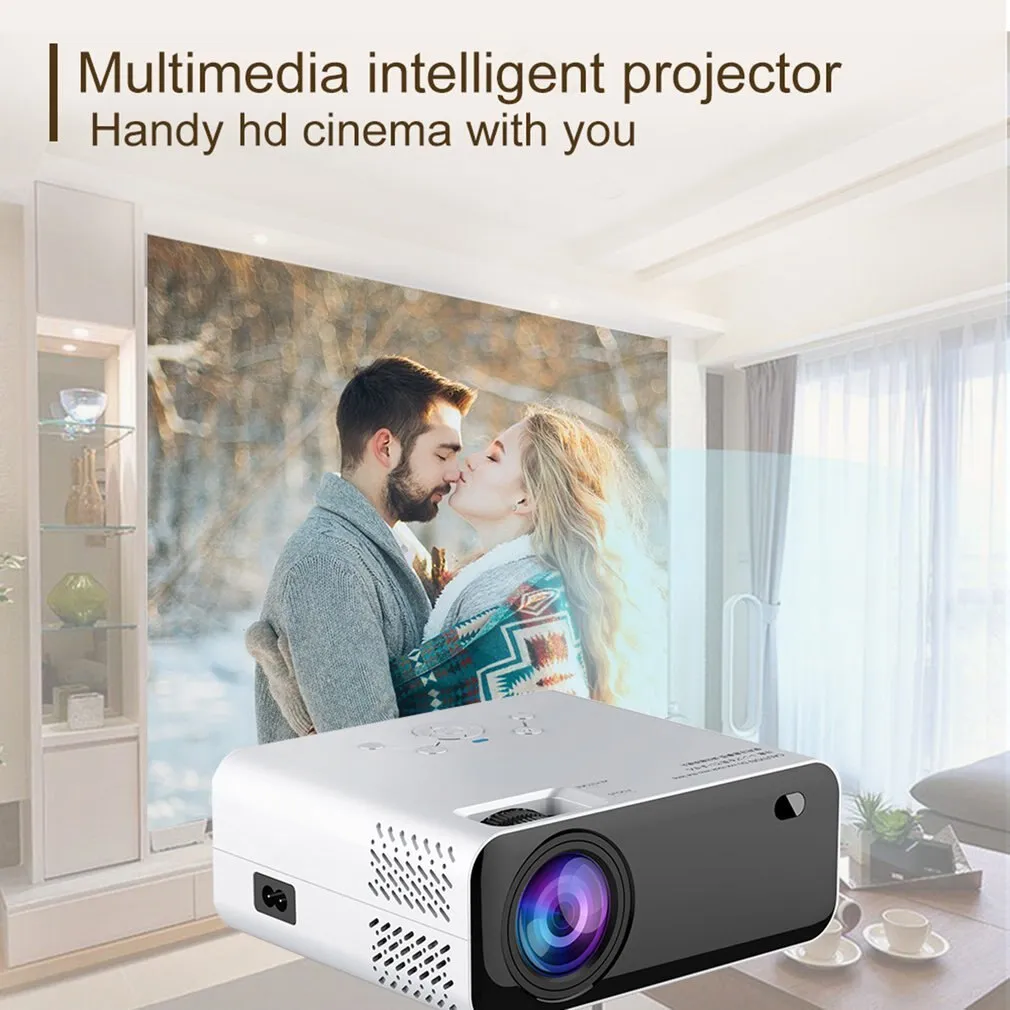 White LCD home office projector with manual focus and keystone correction on a desk
