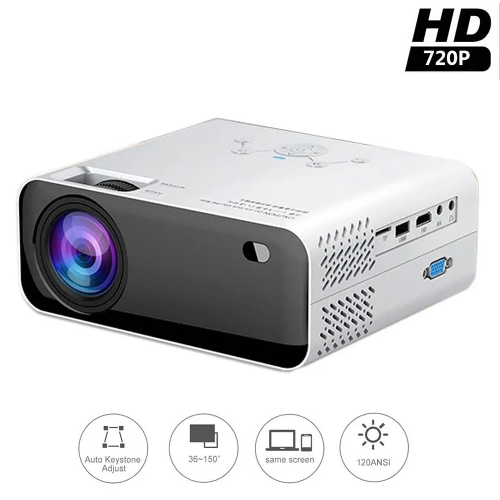White LCD home office projector with manual focus and keystone correction on a desk