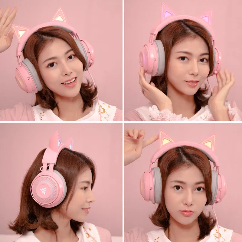 Pink glowing cat earphones USB wired headphones with illuminated cat ears on headband