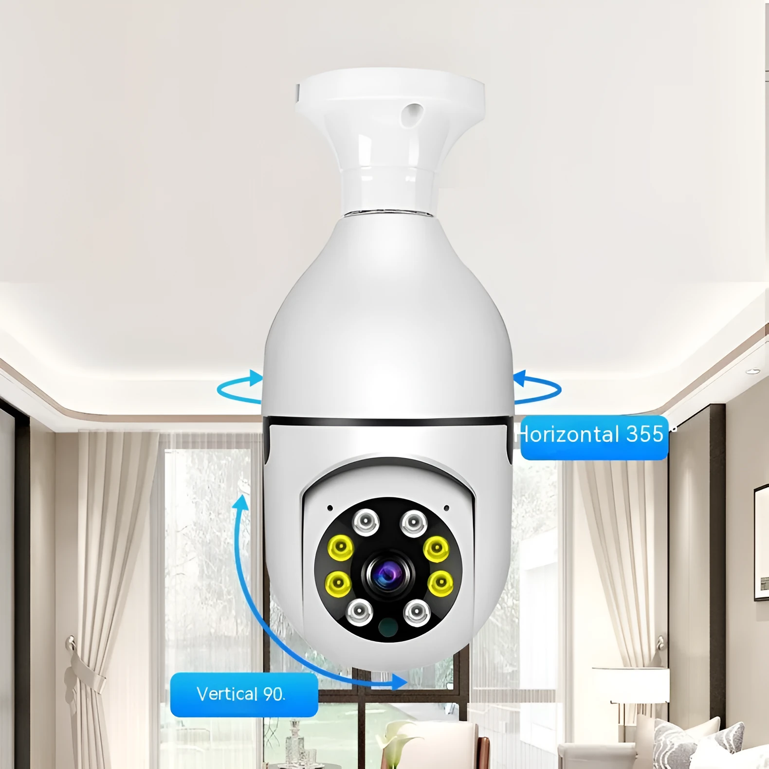 Wireless WiFi bulb security camera with plastic and metal construction measuring 5cm by 12cm