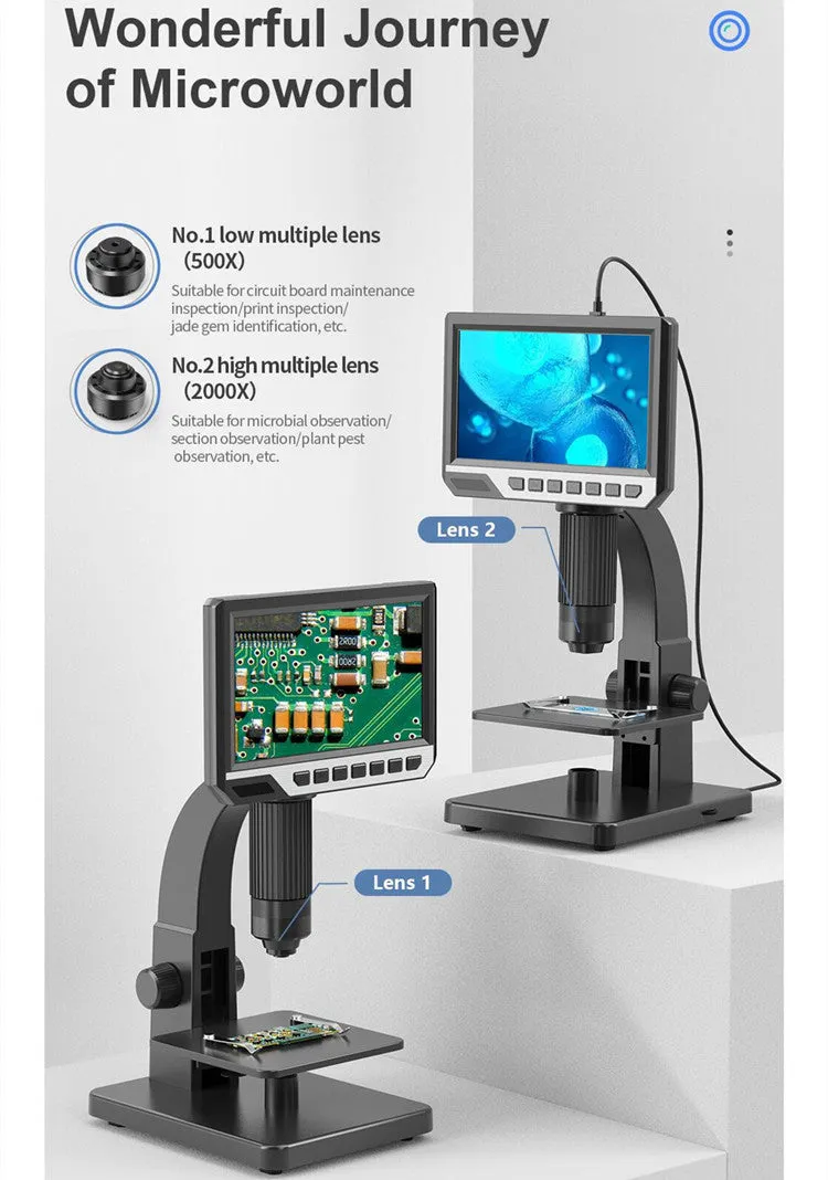 Digital microscope with 7 inch HD screen and dual lenses for 2000 times magnification