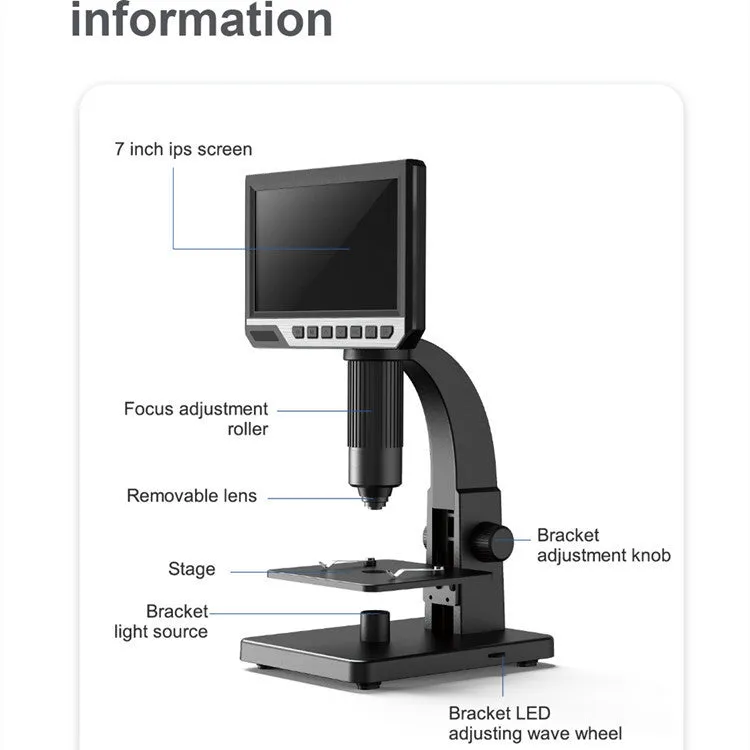 Digital microscope with 7 inch HD screen and dual lenses for 2000 times magnification