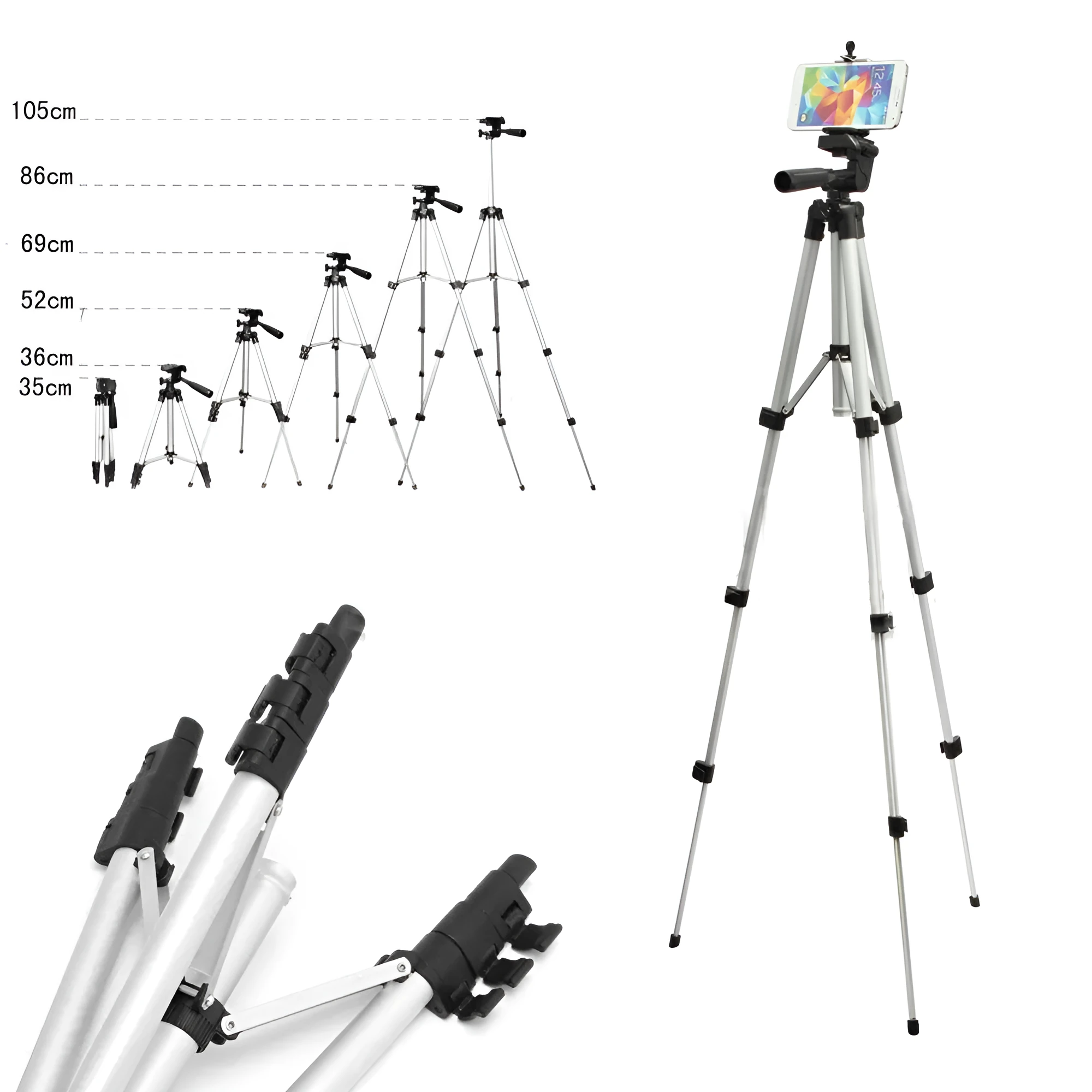 White aluminium alloy compact portable camera tripod with 4-section legs and PTZ set, folded for travel