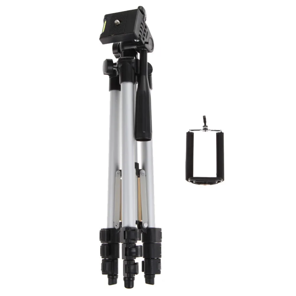 White aluminium alloy compact portable camera tripod with 4-section legs and PTZ set, folded for travel