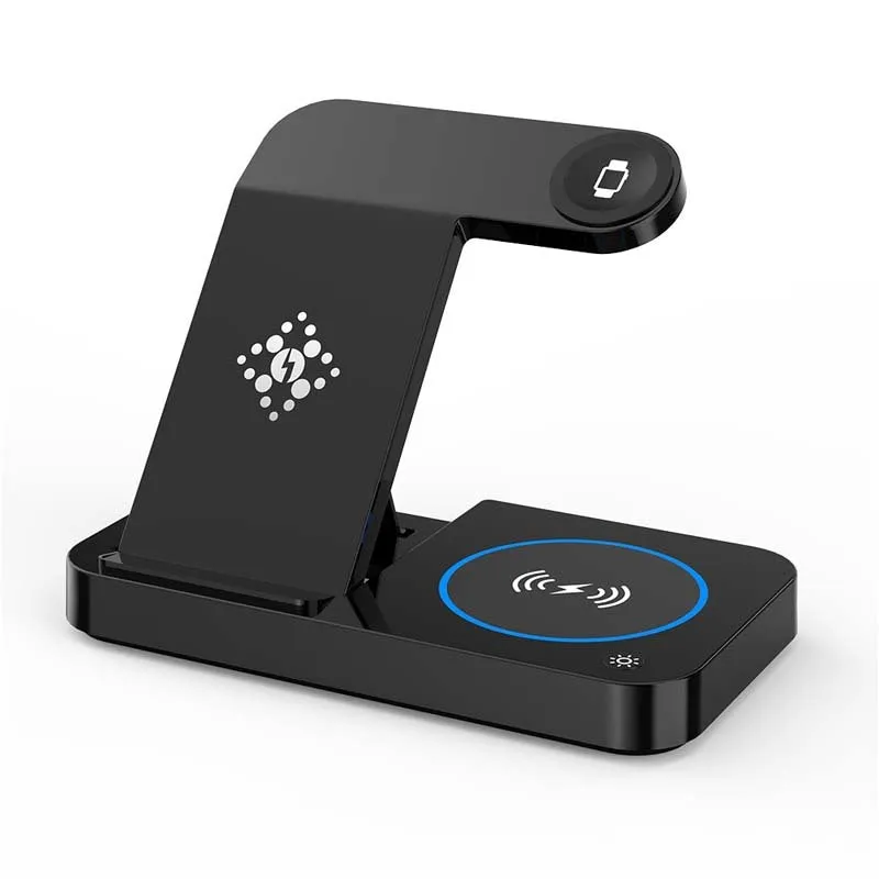 Folding three-in-one wireless charging stand in black, with phone, headphones and watch on charging pads