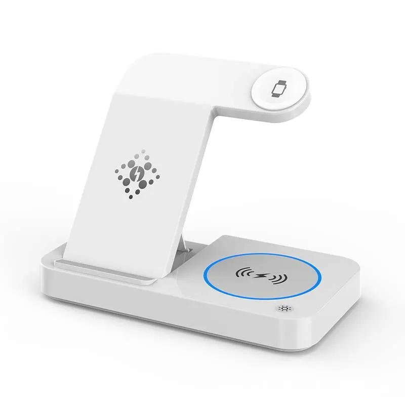Folding three-in-one wireless charging stand in black, with phone, headphones and watch on charging pads