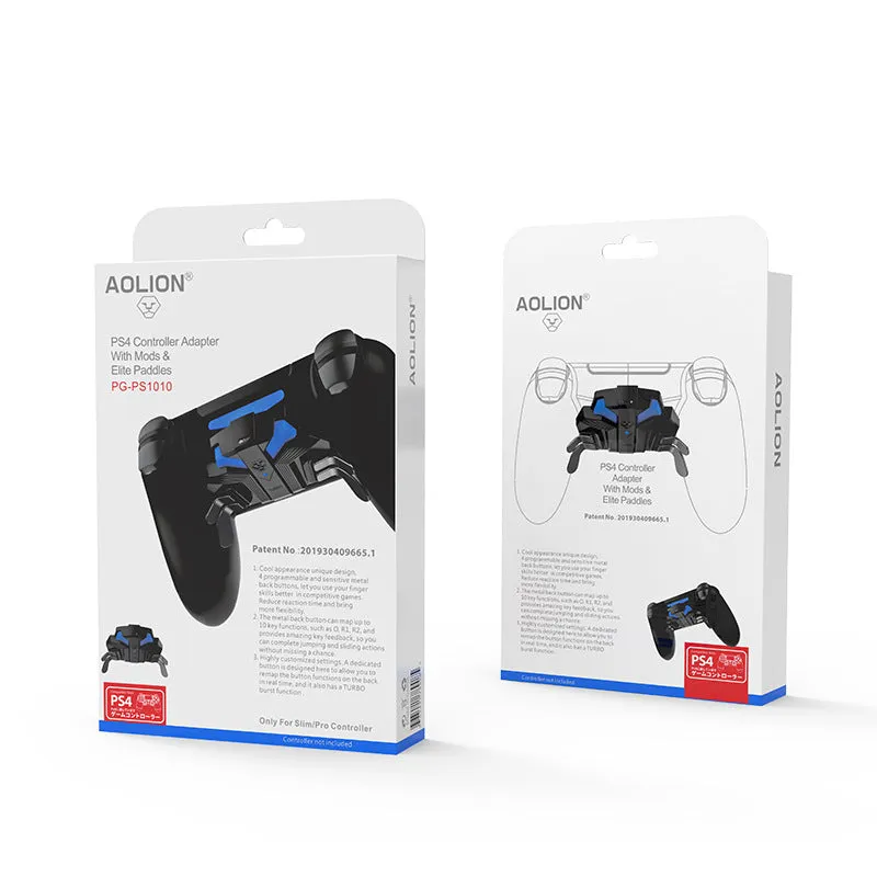 Black PS4 gamepad back button attachment with two rear paddles and a 3.5mm headphone jack.