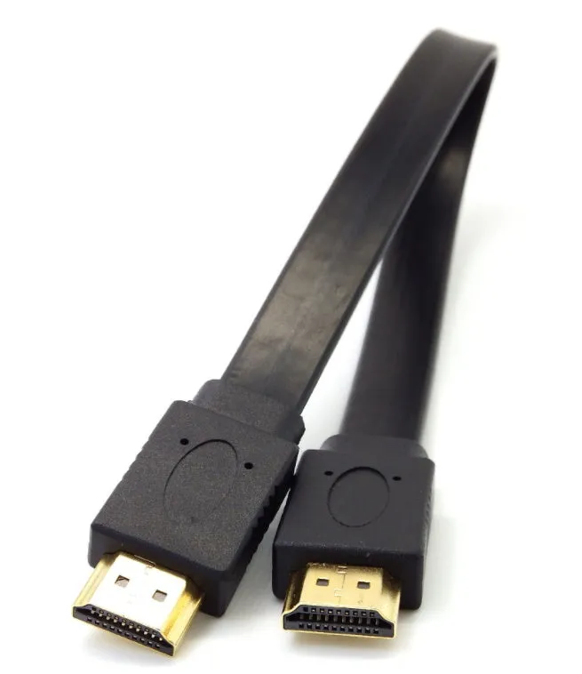 Flat HDMI cable version 1.4 with copper wiring showing connector detail