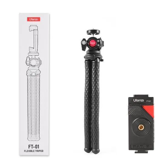 Black flexible octopus tripod with phone clip, extended to 360mm length.
