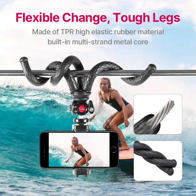 Black flexible octopus tripod with phone clip, extended to 360mm length.