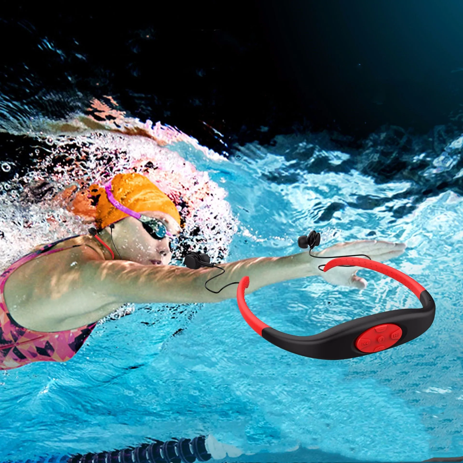 2in1 IPX8 waterproof Bluetooth earphone and MP3 player with neckband in black