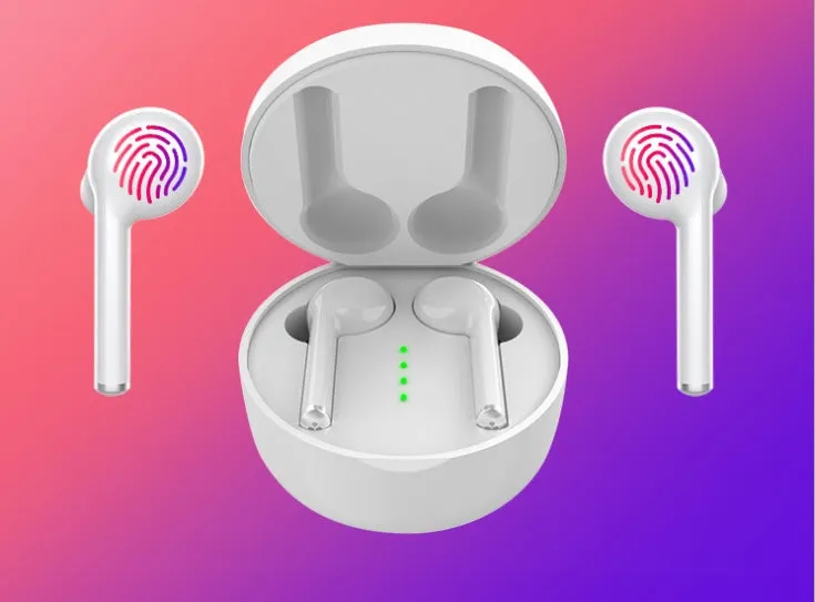 TW40 wireless Bluetooth headphones in black and white with charging case on white background