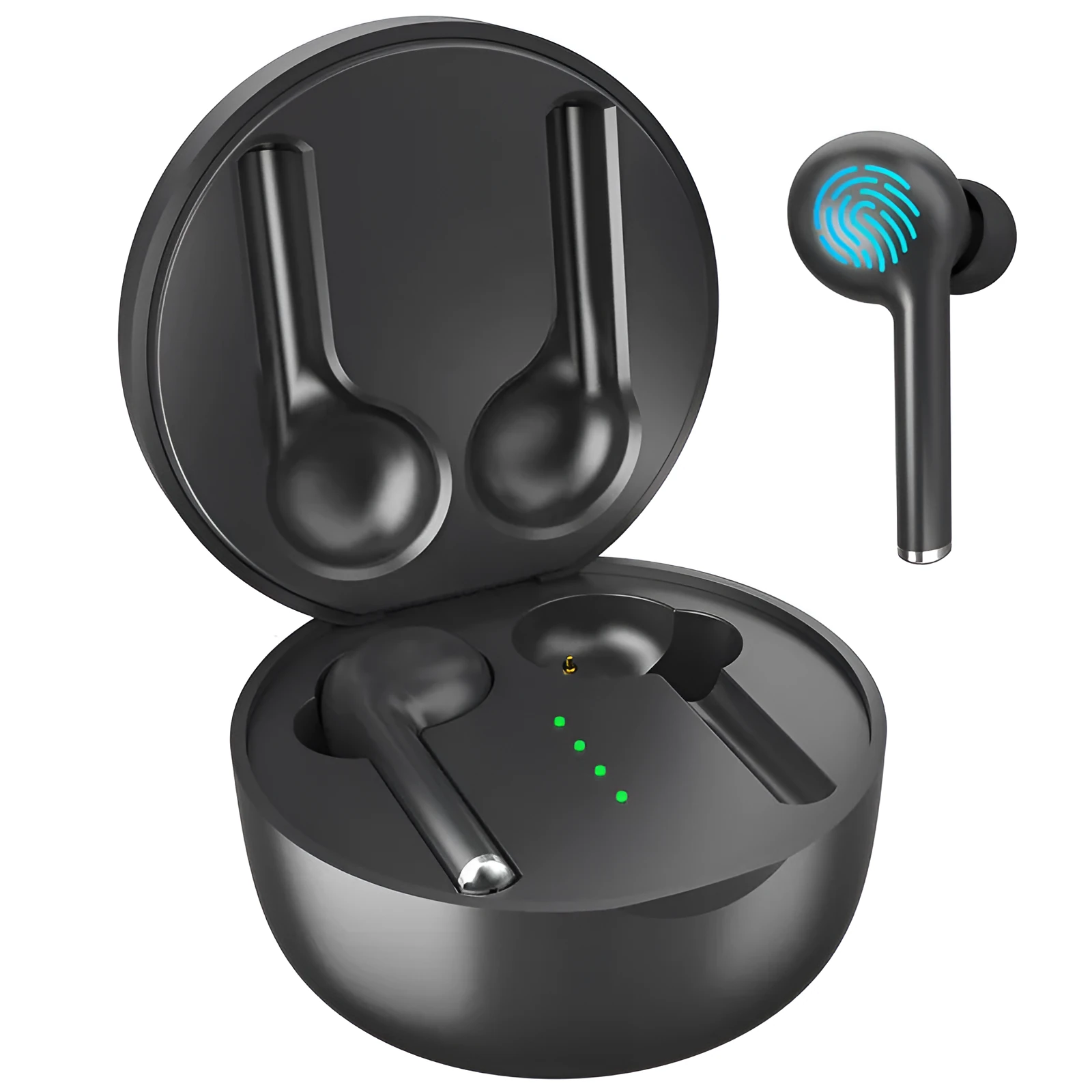 TW40 wireless Bluetooth headphones in black and white with charging case on white background