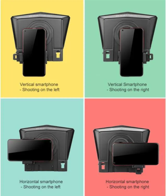 Portable small black cell phone teleprompter with adapter rings and remote control on a table