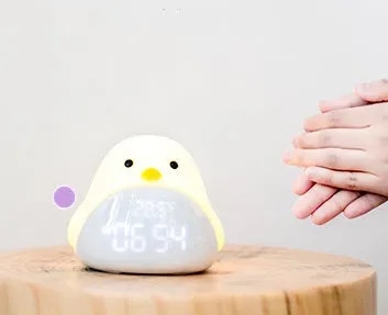 Time Bird multi-functional electronic smart clock in yellow with cartoon bird design, LED display showing time and temperature, USB model