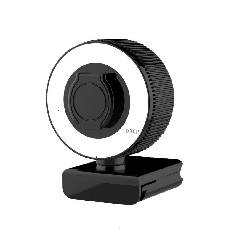 USB webcam 1080p 2K HD camera with built-in microphone and privacy cover on a desktop setup