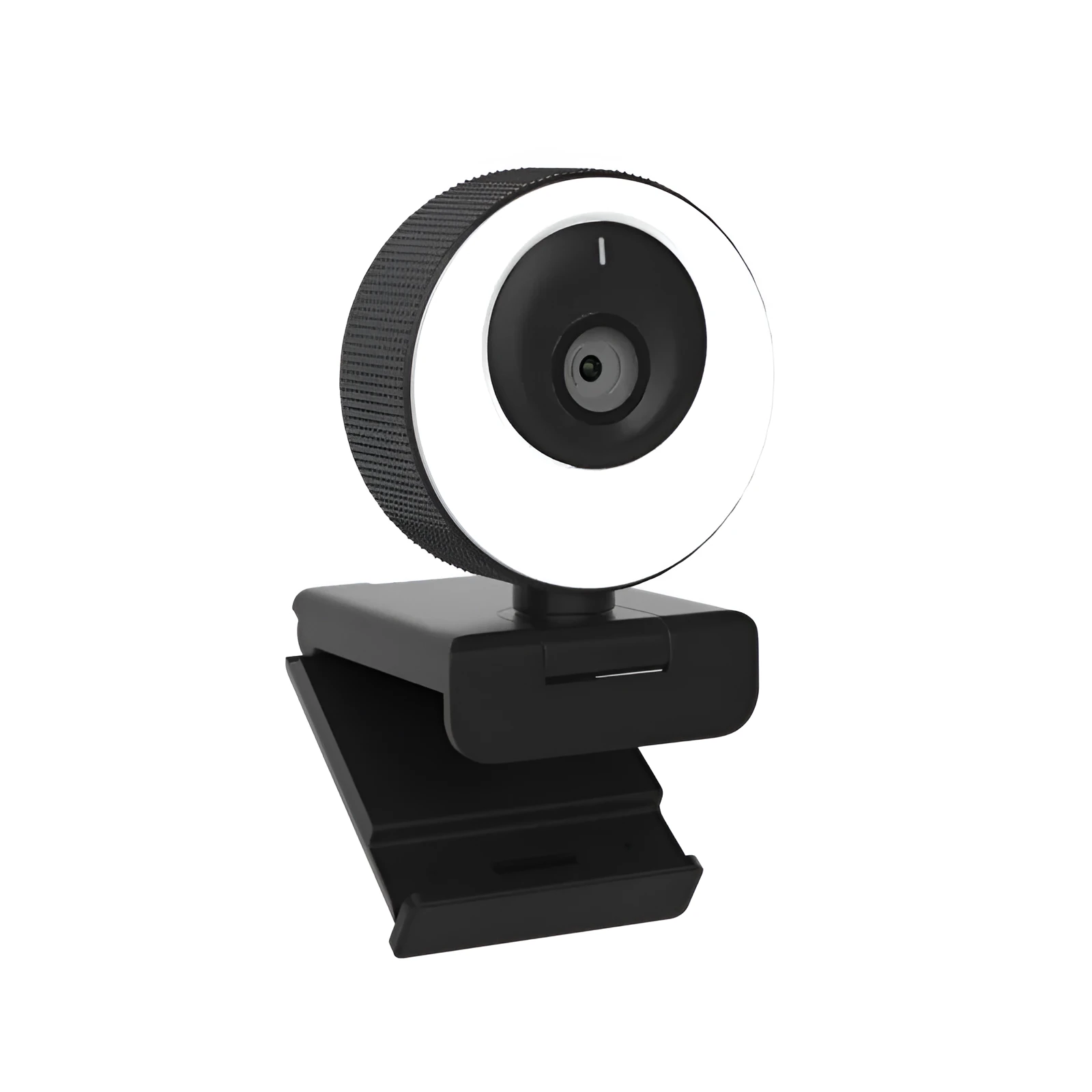 Black USB webcam with magnetic privacy cover on a laptop, showing 1080p resolution and built-in microphone
