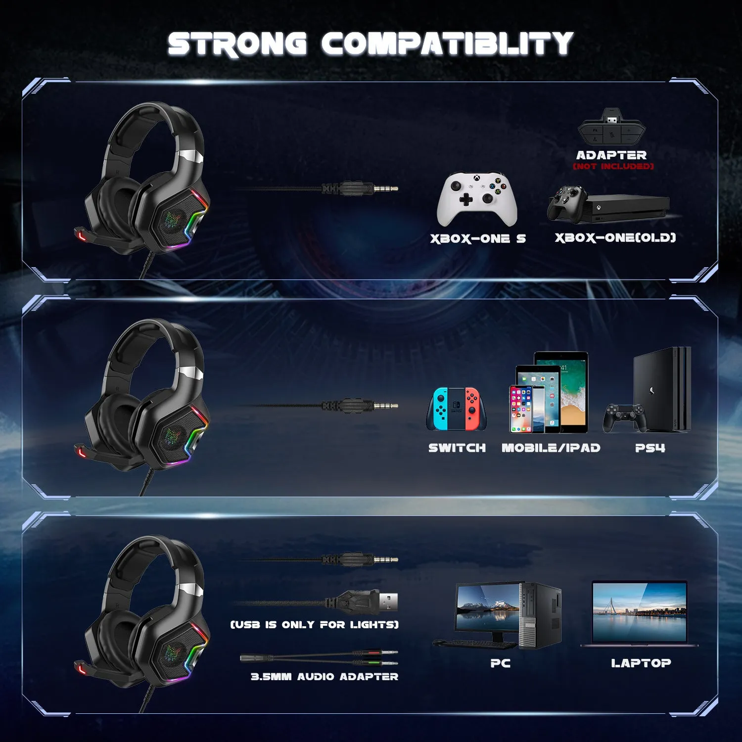 ONIKUMA K10 PRO black gaming headset with LED light and microphone for PS4 PS5 Xbox One
