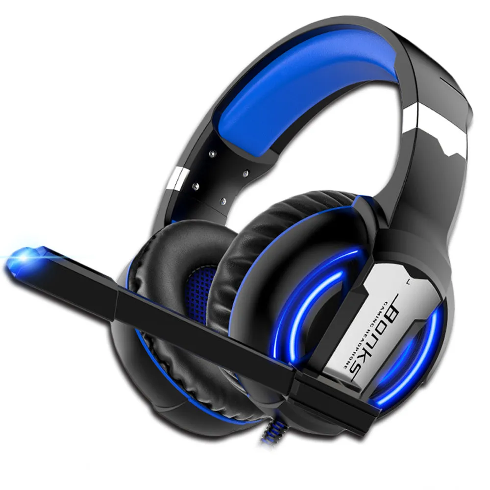 Wired gaming headset with microphone, over-ear design, available in Blue or Red, with 3.5mm plug