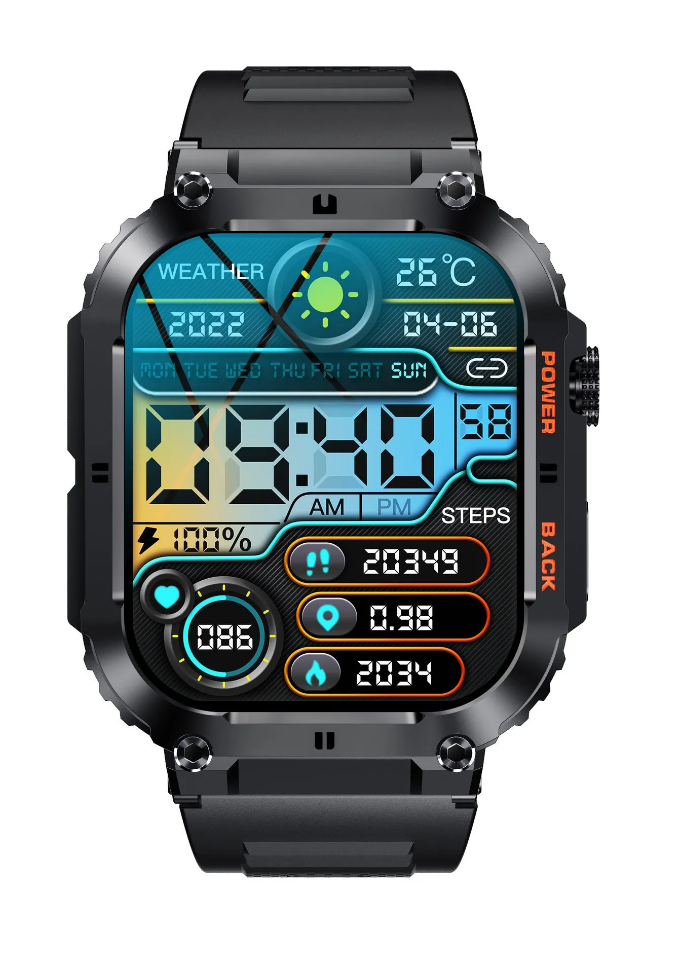 K57PRO Bluetooth Smartwatch in Black showing TFT screen with touch button interface