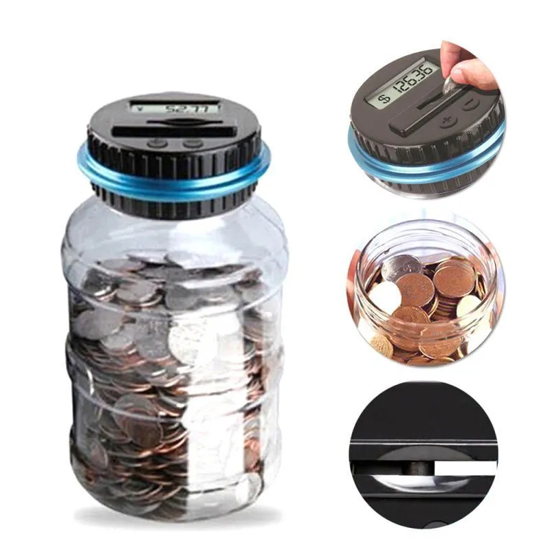 Transparent digital coin counting money box with LCD screen on lid, showing coin slot and clear jar body