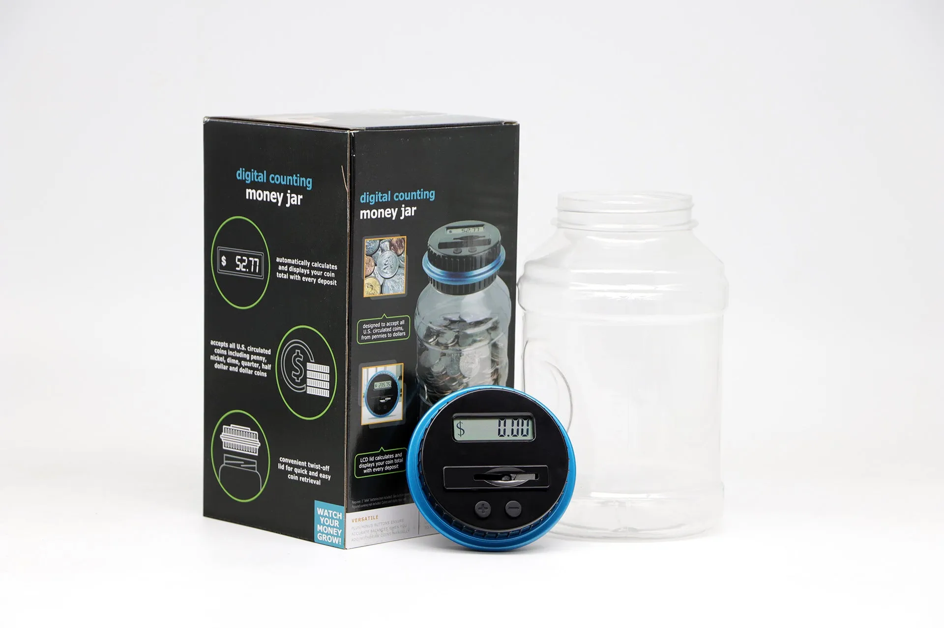Transparent digital coin counting money box with LCD screen on lid, showing coin slot and clear jar body