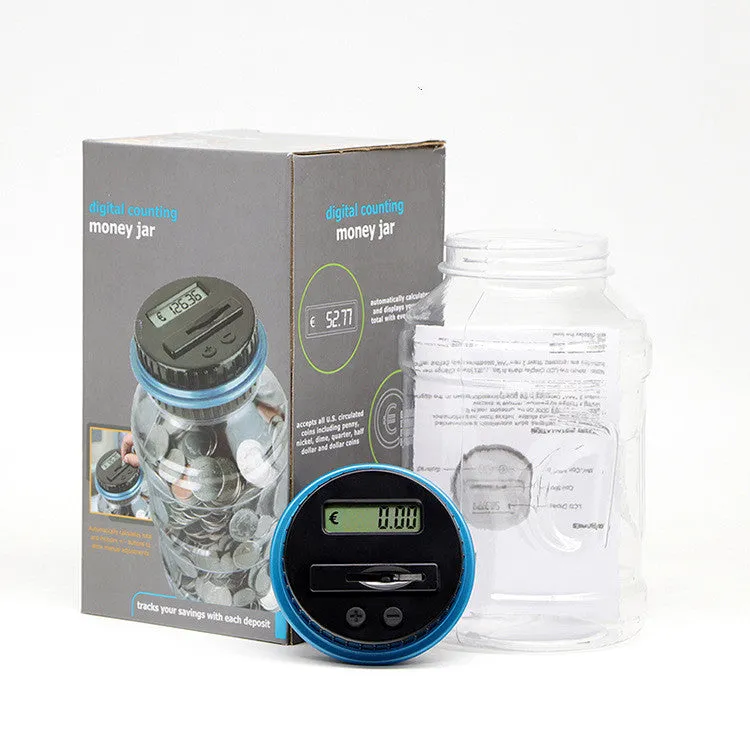 Transparent digital coin counting money box with LCD screen on lid, showing coin slot and clear jar body