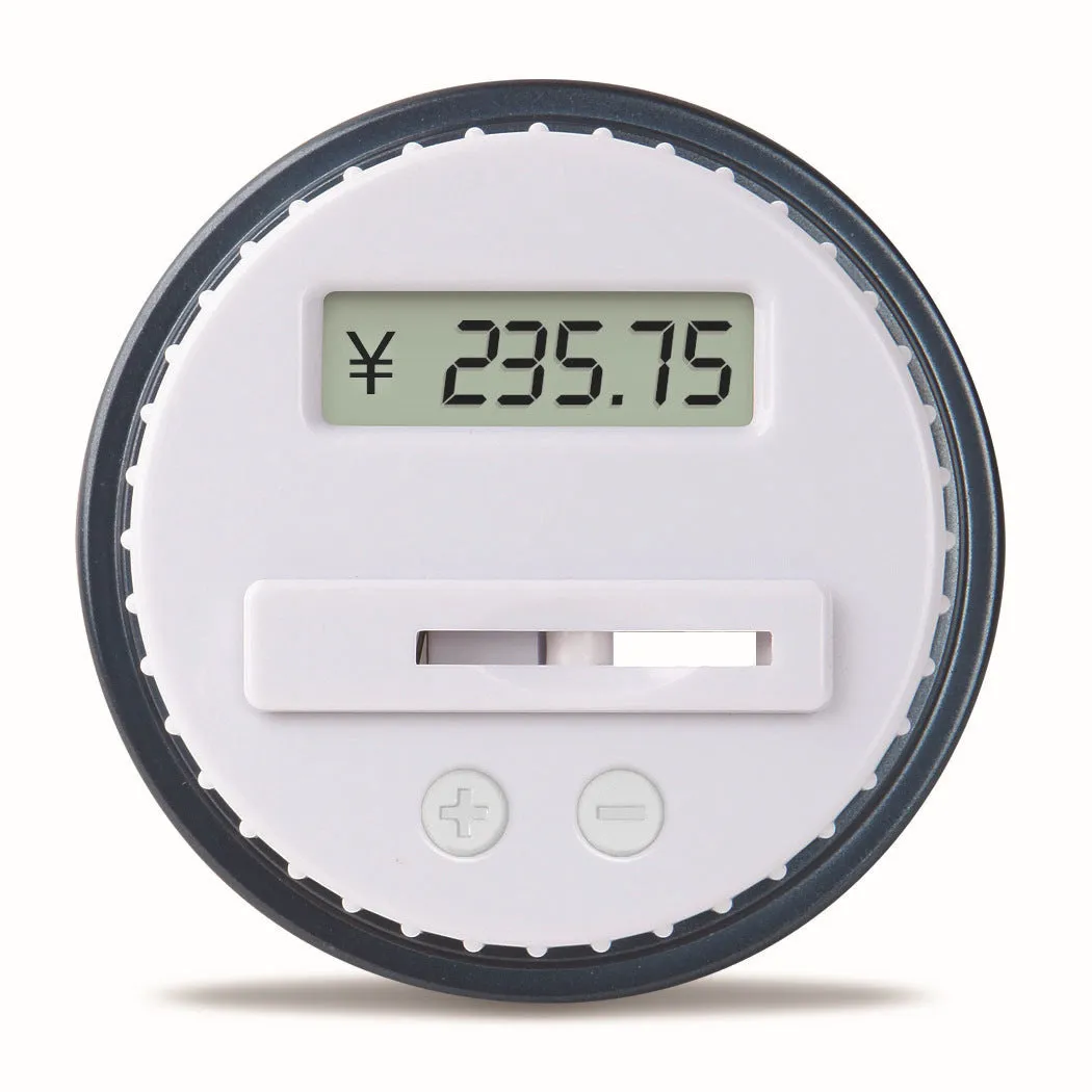 Transparent digital coin counting money box with LCD screen on lid, showing coin slot and clear jar body