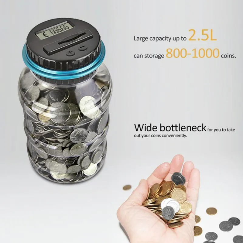 Transparent digital coin counting money box with LCD screen on lid, showing coin slot and clear jar body