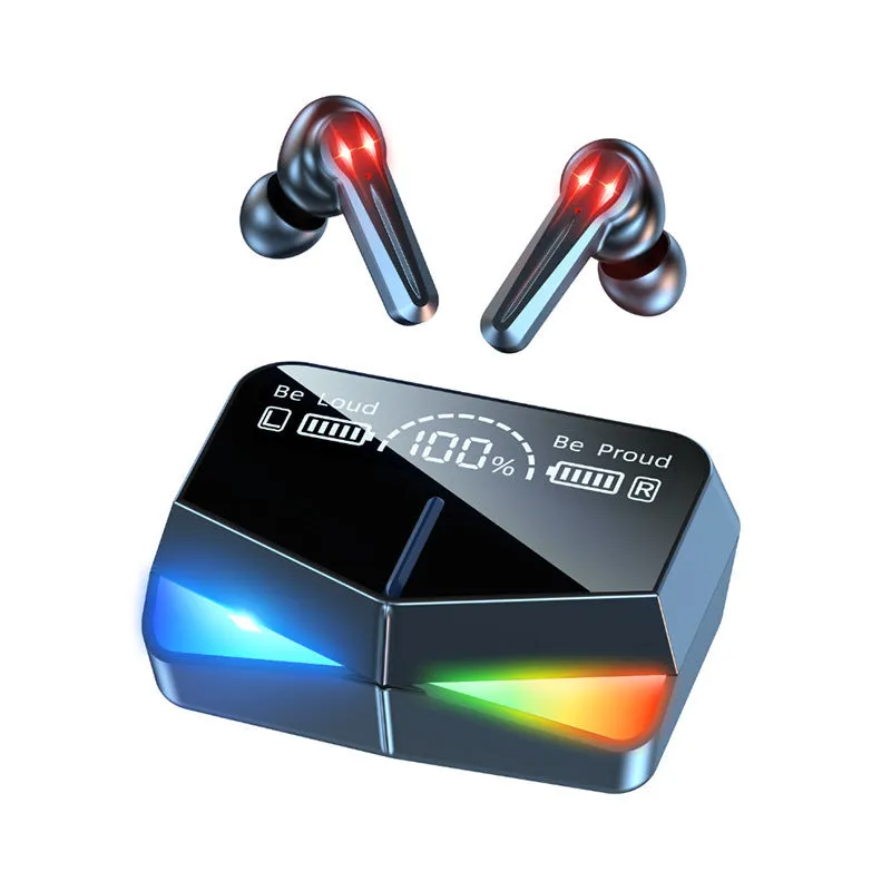 TWS Bluetooth gaming earphones with low latency, stereo earbuds, battery display, and voice control