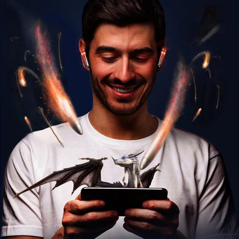 TWS Bluetooth gaming earphones with low latency, stereo earbuds, battery display, and voice control