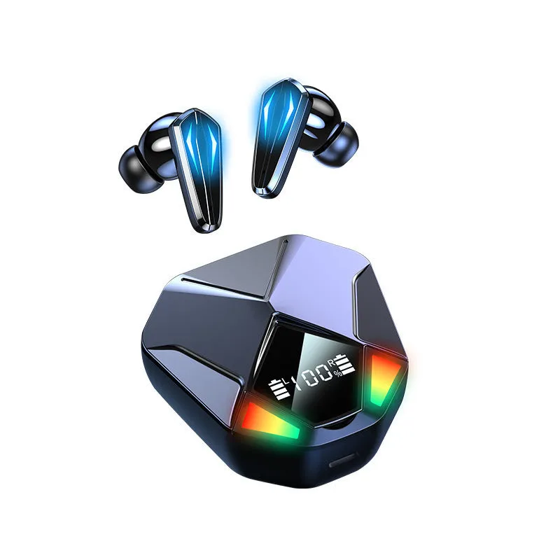 TWS Bluetooth gaming earphones with low latency, stereo earbuds, battery display, and voice control