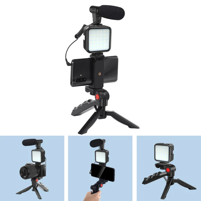 Black professional vlog tripod kit with fill light compatible with Apple iPhone for smartphone video studio