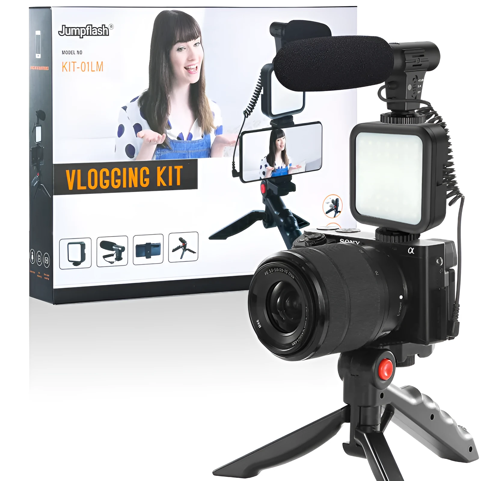 Black professional vlog tripod kit with fill light compatible with Apple iPhone for smartphone video studio