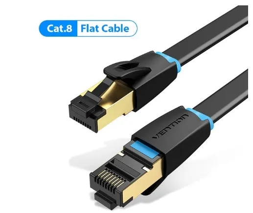 CAT8 high-speed flat and round Ethernet network cables in various lengths from 0.5 to 10 metres.