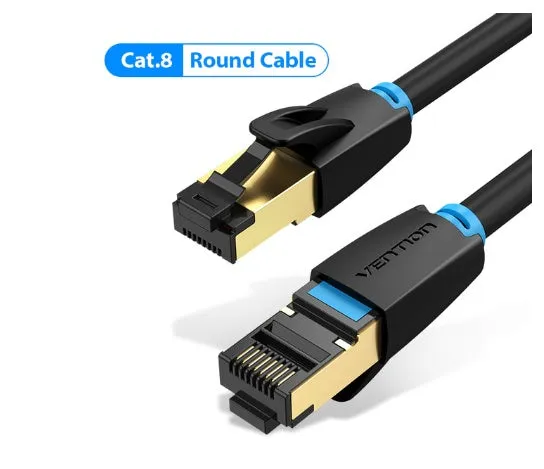 CAT8 high-speed flat and round Ethernet network cables in various lengths from 0.5 to 10 metres.