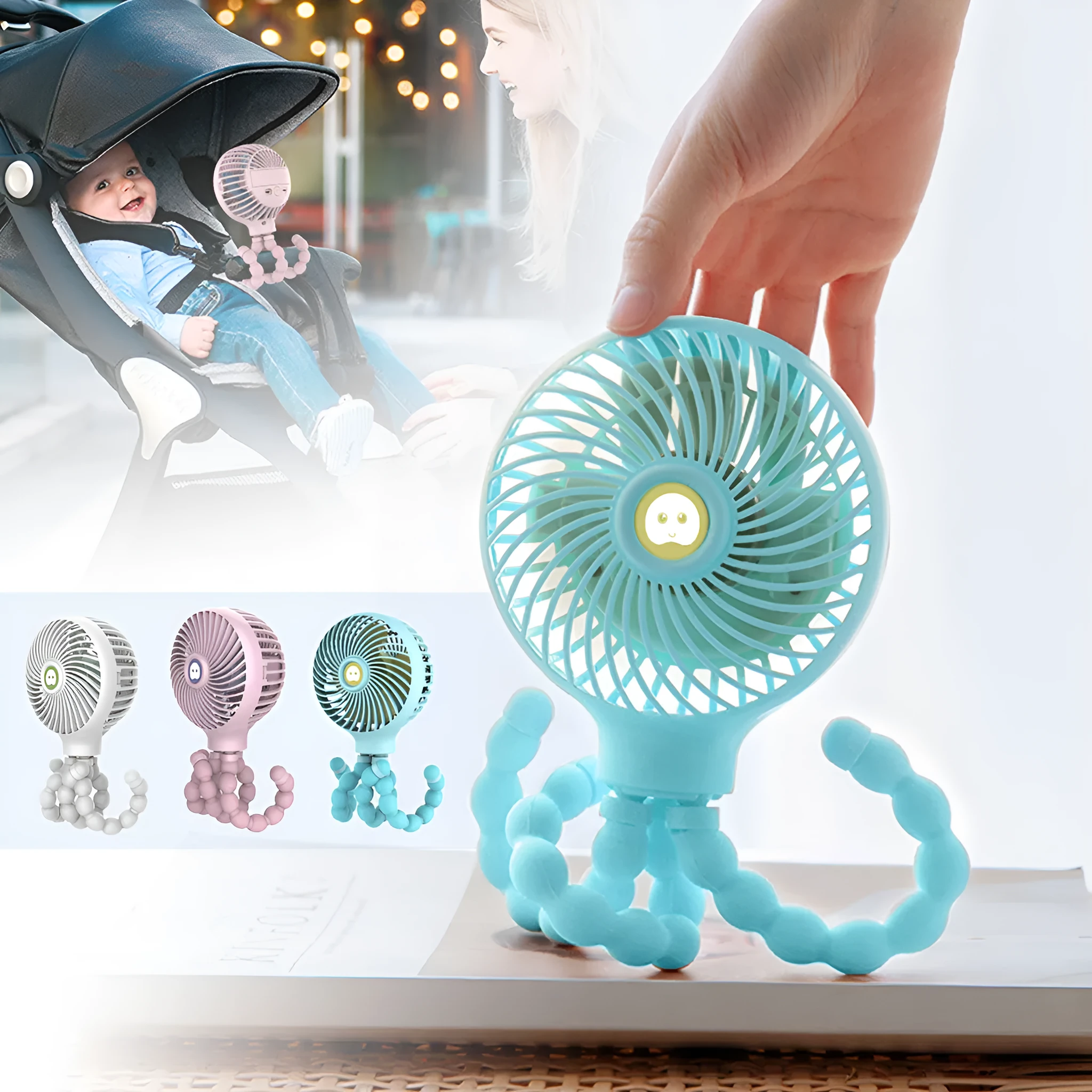 Octopus deformed folding fan with flexible legs, USB rechargeable, white, blue, pink, with protective net bag