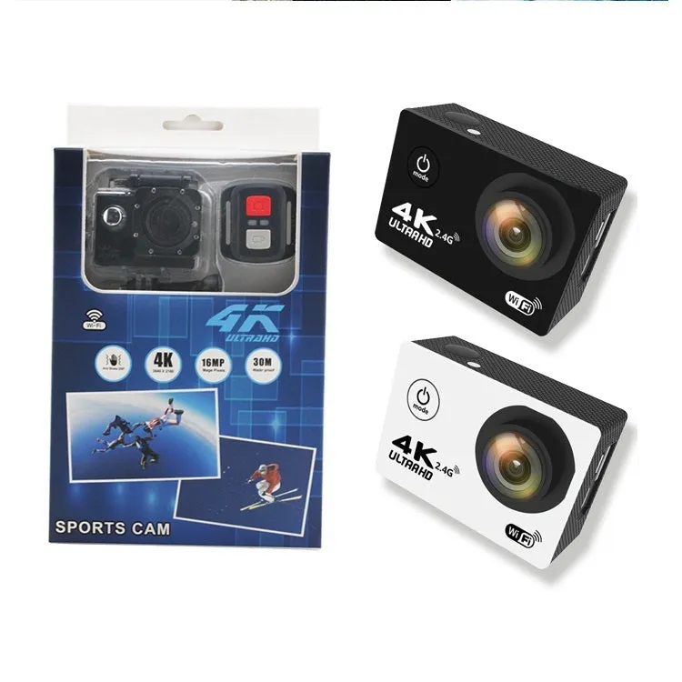4K Sports DV Mini Waterproof Camera in ABS plastic, available in Rose Red, White, Yellow, compact 42x60x30mm design
