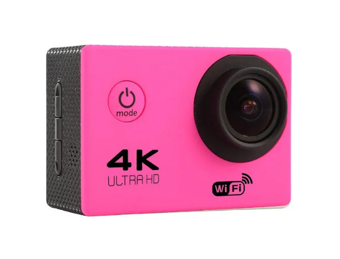 4K Sports DV Mini Waterproof Camera in ABS plastic, available in Rose Red, White, Yellow, compact 42x60x30mm design