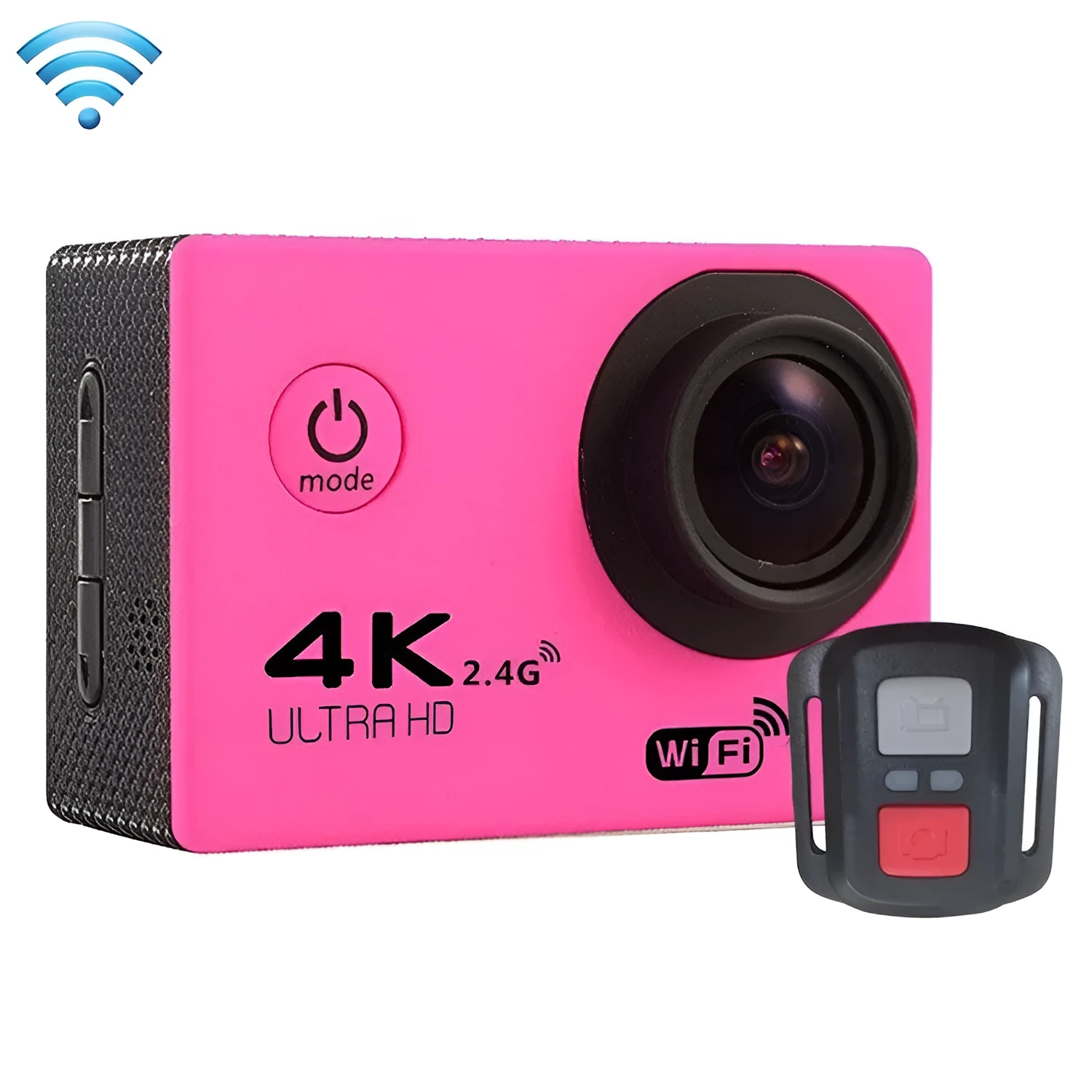4K Sports DV Mini Waterproof Camera in ABS plastic, available in Rose Red, White, Yellow, compact 42x60x30mm design