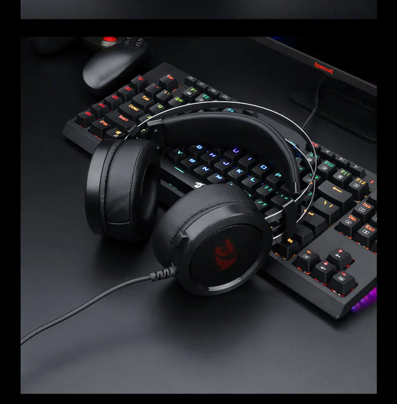 Black wired computer gaming headset with 3.5mm plug and 2 metre cable