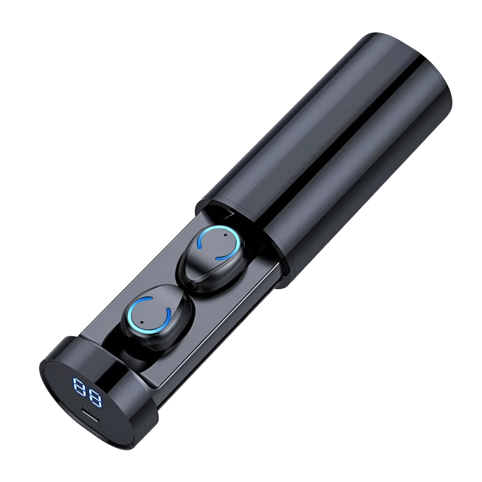 Binaural mini cylindrical Bluetooth headphones in black with charging compartment